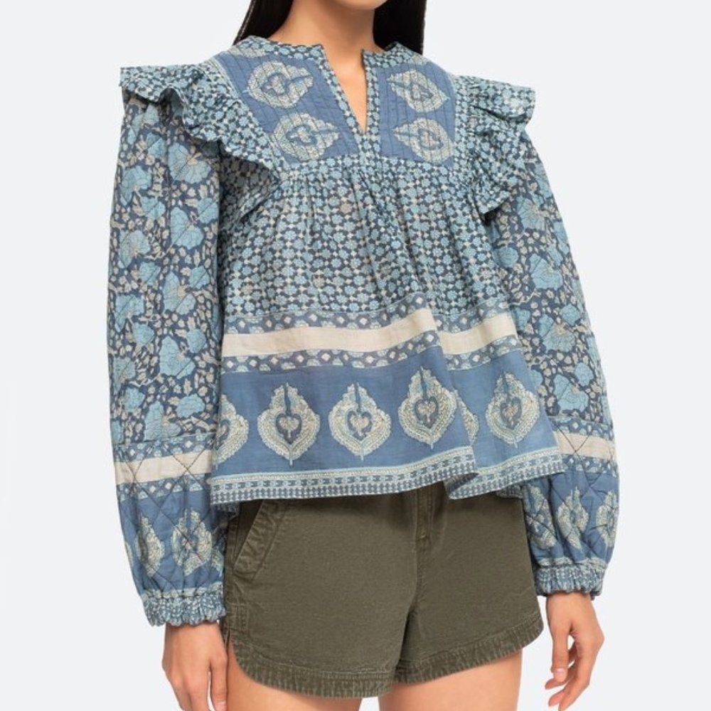 Sea New York Blue and Cream Printed Ruffle-Yoke Blouse